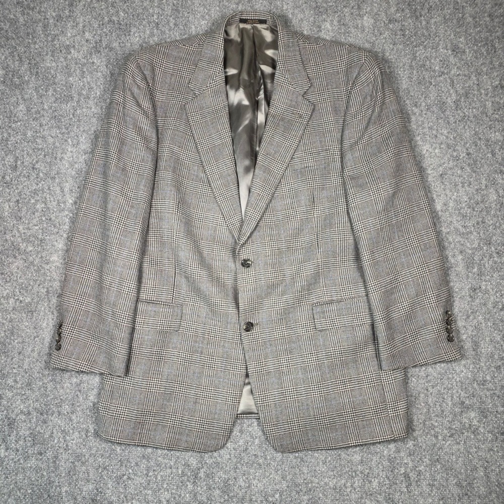 Vtg Hart Schaffner Marx Blazer Men 44R Wool Grey Glen Plaid Houndstooth Coat - Picture 2 of 16